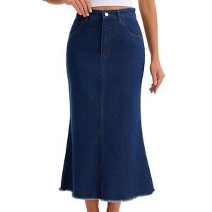 Women's Maxi Denim Skirt A Line Long Jean Skirt Deep Blue